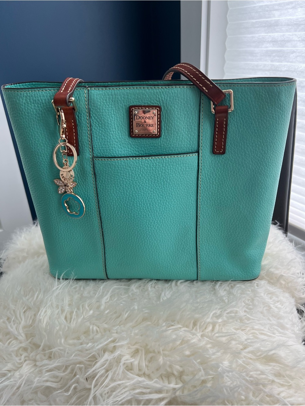 Dooney & Bourke Turquoise Pebble Leather Tote with Brown Trim